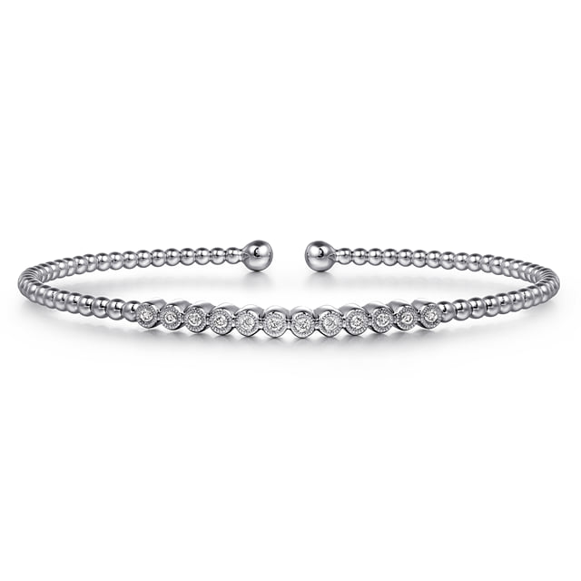 14K White Gold Bujukan Bead Cuff Bracelet with Bezel Set Diamond Stations