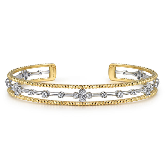 14K White Yellow Gold Beaded Diamond Cuff Bangle Bracelet 0.4ct-Bujukan