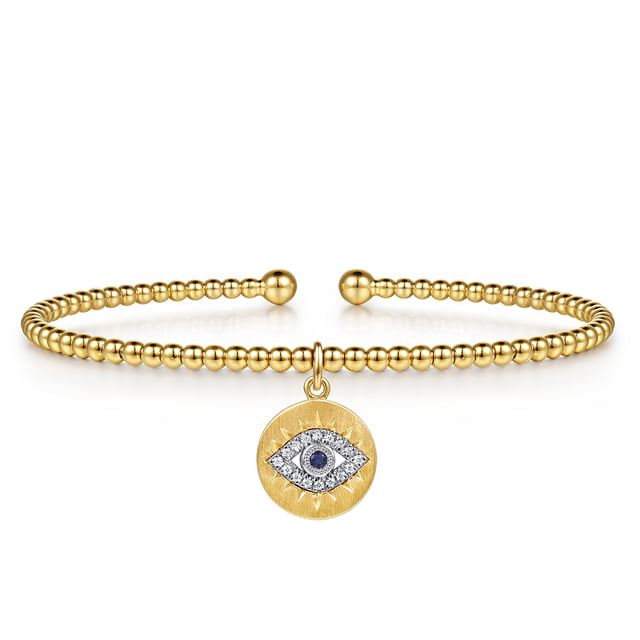 14K White-Yellow Gold Bujukan Sapphire and Diamond Evil Eye Charm Cuff Bangle Bracelet