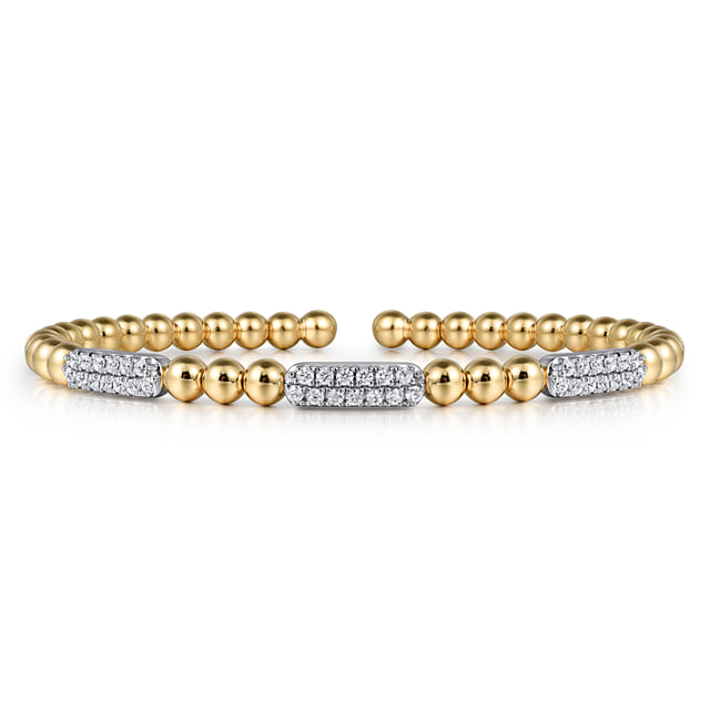 14K White and Yellow Gold Diamond Pave Three Station Bar Bujukan Beads Split Bangle Bracelet