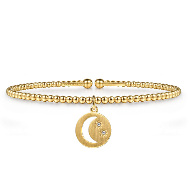 14K Yellow Gold Bujukan Beaded Moon and Diamond Star Cuff Bangle Bracelet