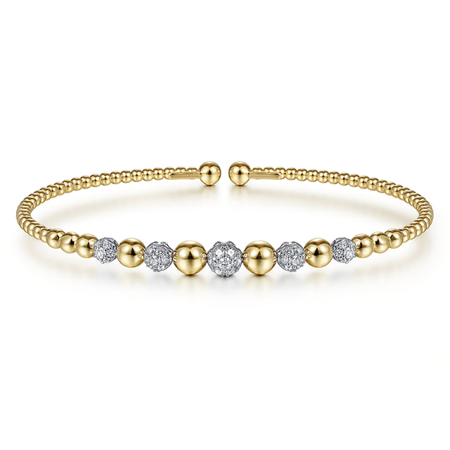 14K Yellow-White Gold Bujukan Bead Cuff Bracelet with Pave Diamond Stations
