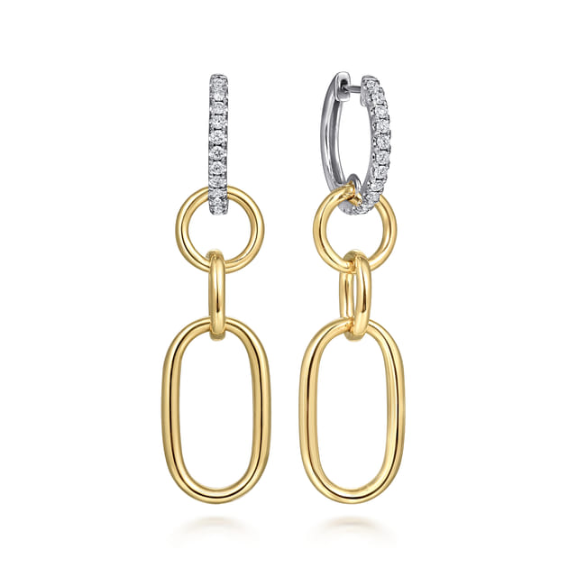 Drop Earrings Huggie 14K White and Yellow Gold Diamond 0.35ct