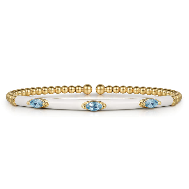 Enamel - 14K Yellow Gold Bujukan Blue Topaz Split Bangle with White Enamel