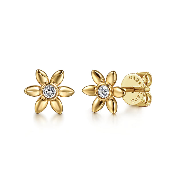 Floral - 14K Yellow Gold White Sapphire Stud Earrings