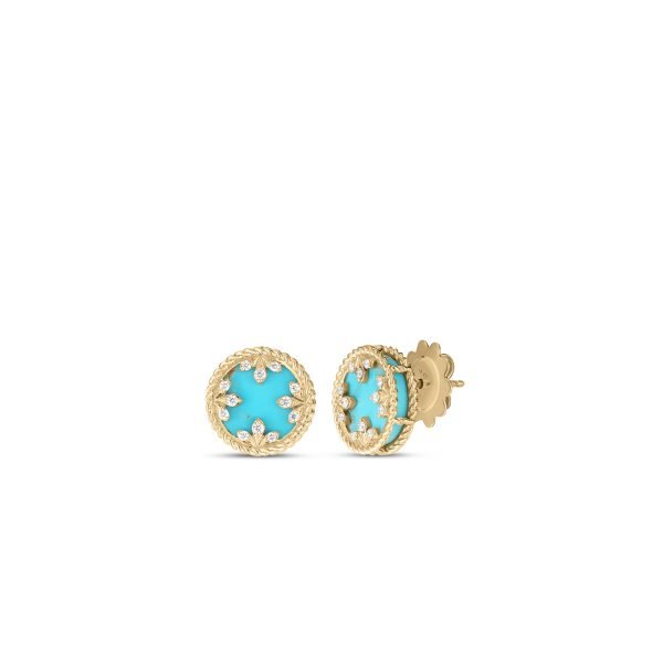 18K YELLOW GOLD COLORED MEDALLIONS SMALL DIAMOND AND TURQUOISE STUD EARRINGS
