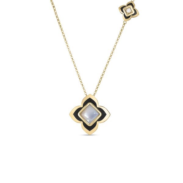 18K YELLOW GOLD PALAZZO DUCALE CARNEVALE BLACK ENAMEL, DIAMOND, & MOTHER OF PEARL FLOWER NECKLACE