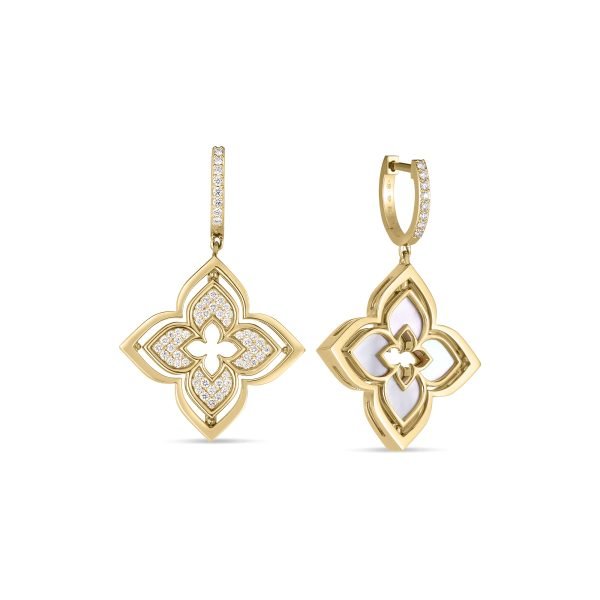 18K YELLOW GOLD VENETIAN PRINCESS PIROUETTE PAVE DIAMOND & MOTHER OF PEARL FLOWER EARRINGS