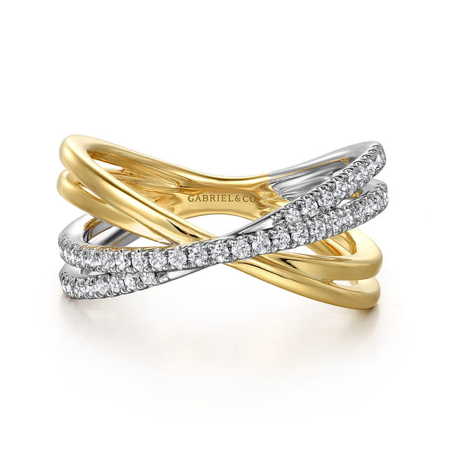 Wide Band Criss Cross Ring 14K White and Yellow Gold Diamond 0.25ct