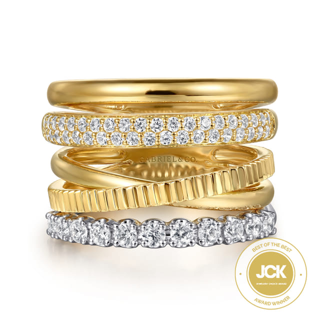 Wide Band Easy-Stack Ring 14K White and Yellow Gold Diamond 0.65ct