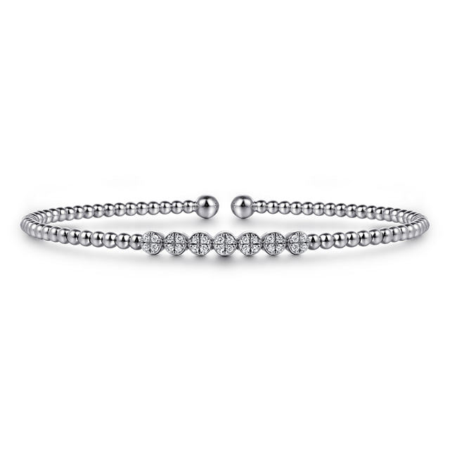 14K White Gold Bujukan Bead Cuff Bracelet with Cluster Diamond Stations