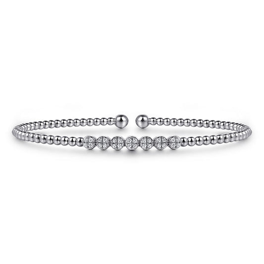 14K White Gold Bujukan Bead Cuff Bracelet with Cluster Diamond Stations
