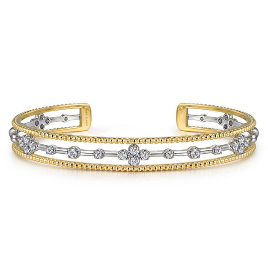 14K White Yellow Gold Beaded Diamond Cuff Bangle Bracelet 0.4ct-Bujukan
