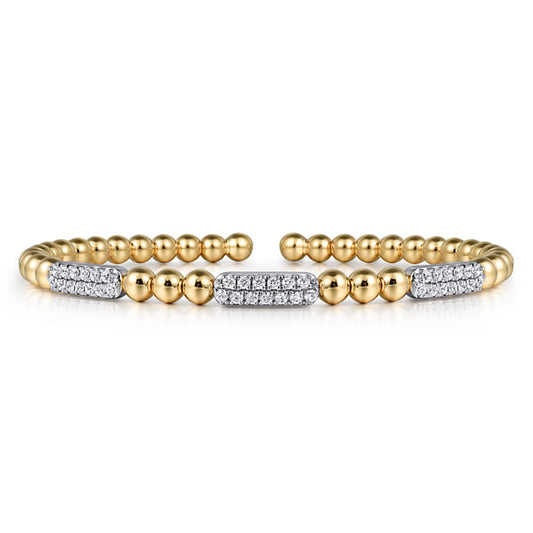 14K White and Yellow Gold Diamond Pave Three Station Bar Bujukan Beads Split Bangle Bracelet