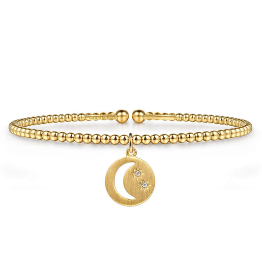 14K Yellow Gold Bujukan Beaded Moon and Diamond Star Cuff Bangle Bracelet