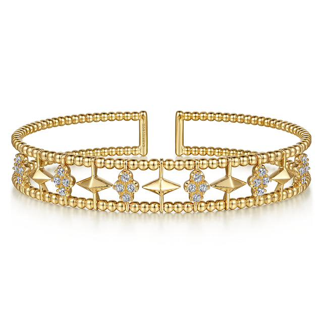 14K Yellow Gold Bujukan Diamond Cluster and Gold Pyramid Cuff Bangle