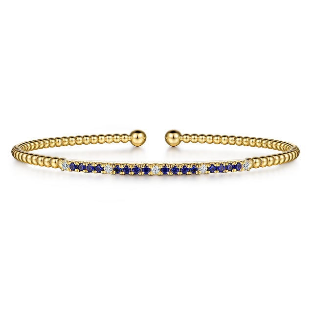 Beaded Bangle Bracelet Cuff 14K Yellow Gold Diamond and Blue Sapphire 0.09ct Bujukan
