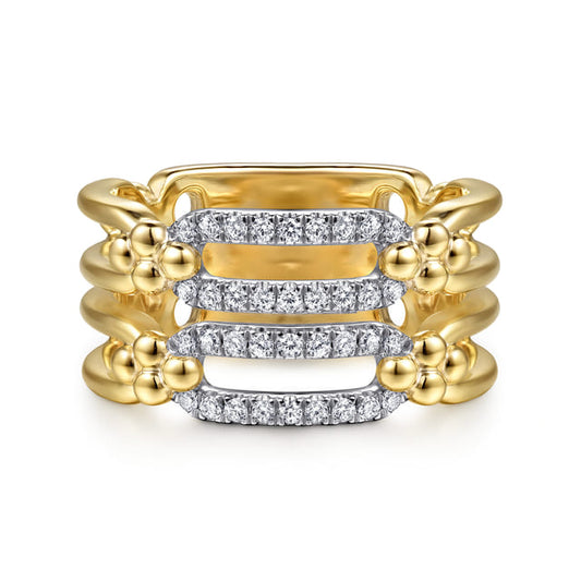 Bujukan Clover - 14K White Yellow Gold Bujukan and Diamond Link Wide Band Ring
