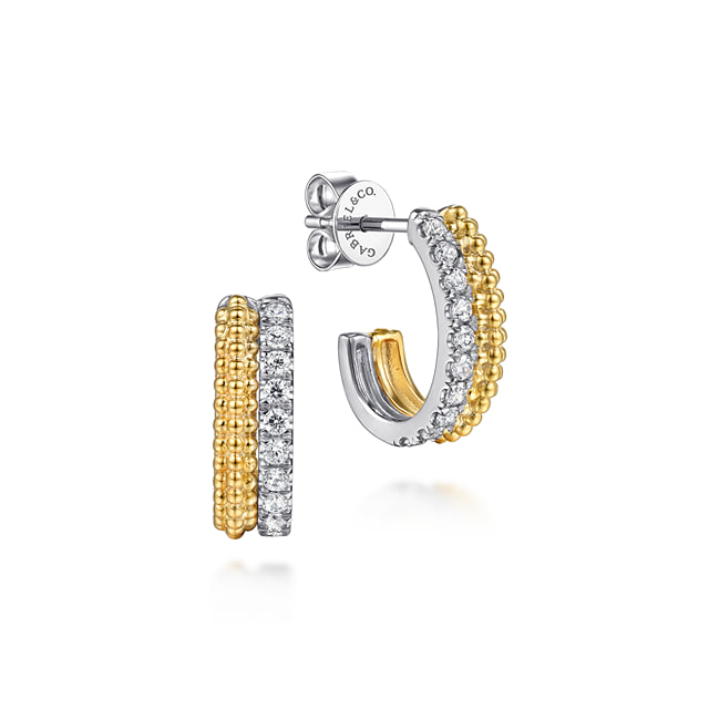 Bujukan Pave - J Hoop Earrings 14K White and Yellow Gold Diamond 0.35ct Bujukan