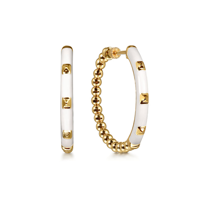 Enamel - 14K Yellow Gold Bujukan Beads Classic Hoop Pyramid Earrings with White Enamel