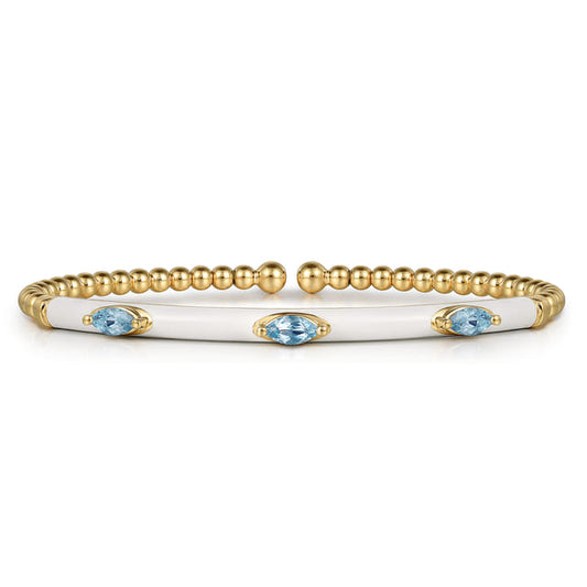 Enamel - 14K Yellow Gold Bujukan Blue Topaz Split Bangle with White Enamel