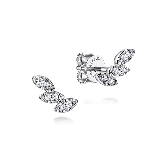 Floral - Stud Earrings Ear Climber 14K White Gold Diamond 0.09ct