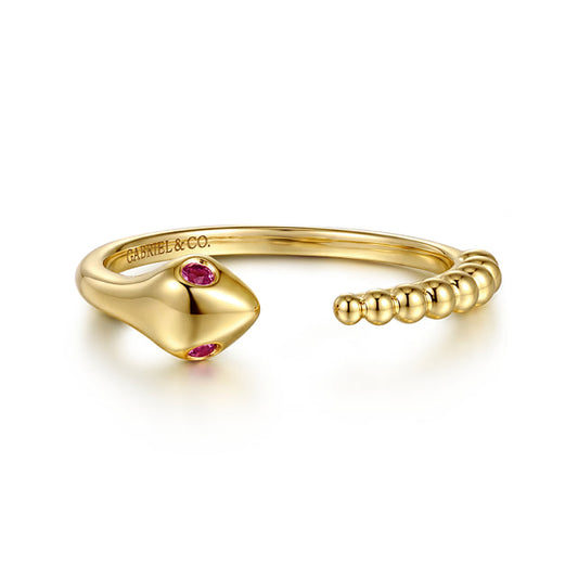 Serpentina - Stackable Open Ring Snake 14K Yellow Gold Ruby
