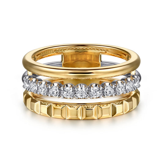 Wide Band Easy-Stack Ring 14K White and Yellow Gold Diamond 0.3ct
