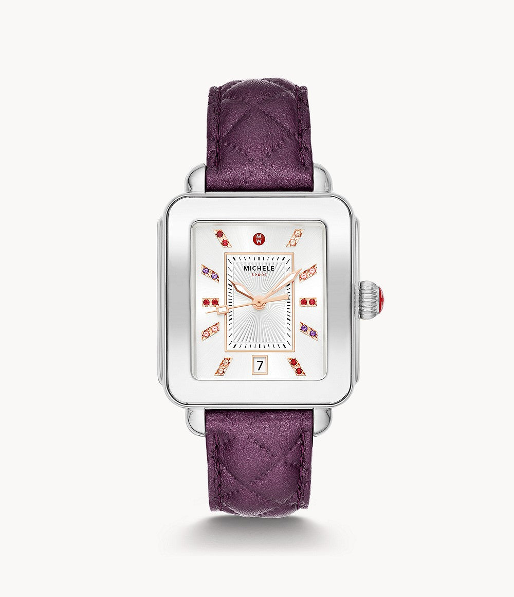 VIOLET DECO SPORT STAINLESS TOPAZ DIAL QUILTED LEATHER WATCH