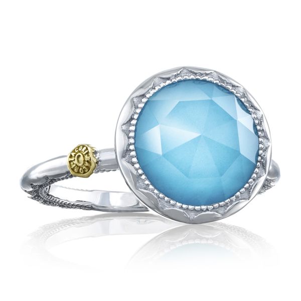 CRESCENT BEZEL RING FEATURING CLEAR QUARTZ OVER NEOLITE TURQUOISE